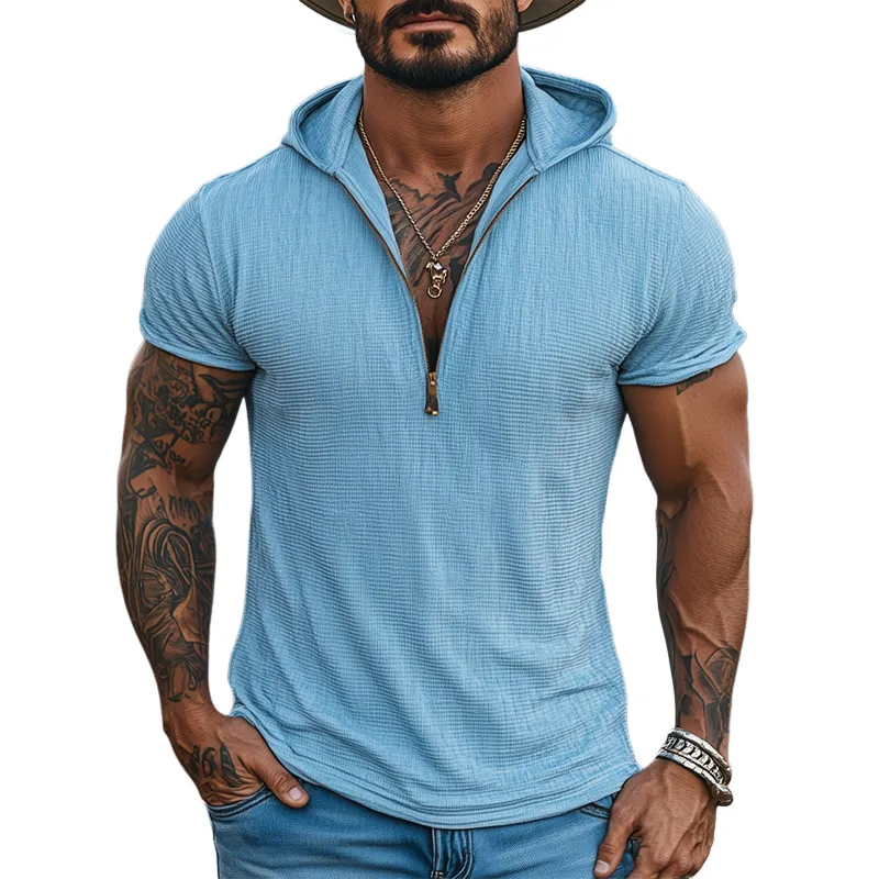 Men's Casual Classic American Western Tough Guy Style Waffle Hooded V-neck Slim Short-sleeved T-shirt MTA2847E4K sold by Manly
