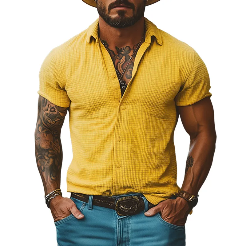 Men's Casual Classic American Western Tough Guy Style Knitted Waffle Slim Short Sleeve Shirt MTA2840E9K sold by Manly