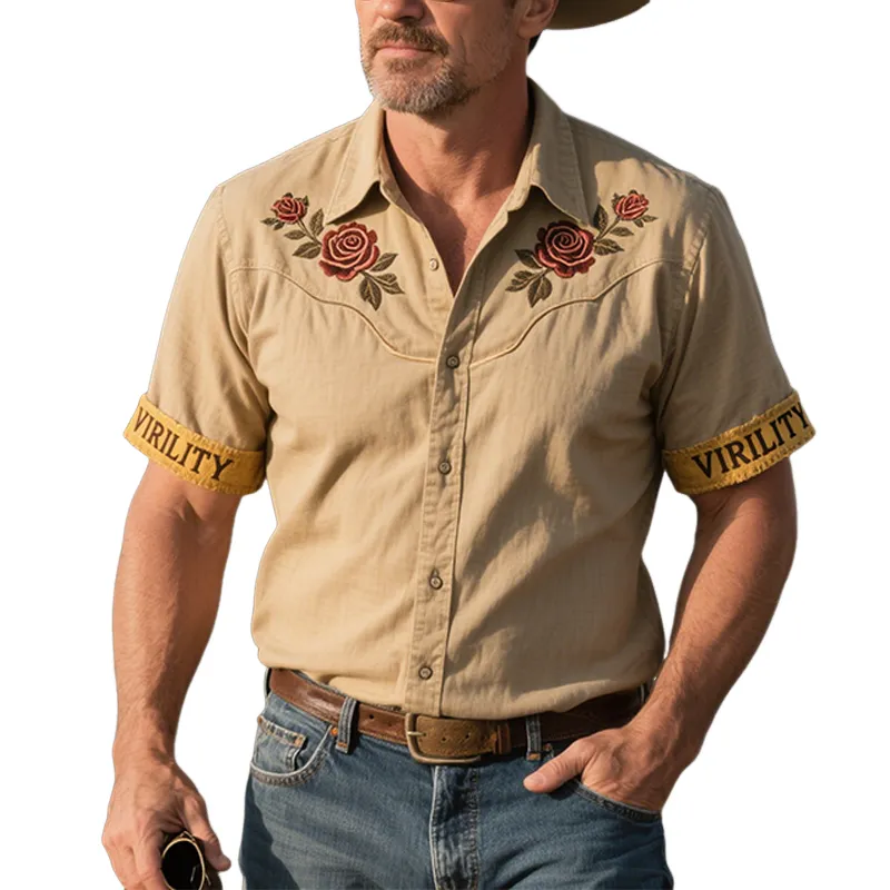 Men's Classic Vintage American Western Style Cotton Blend Embroidered Short Sleeve Shirt MTA2412E2K sold by Manly