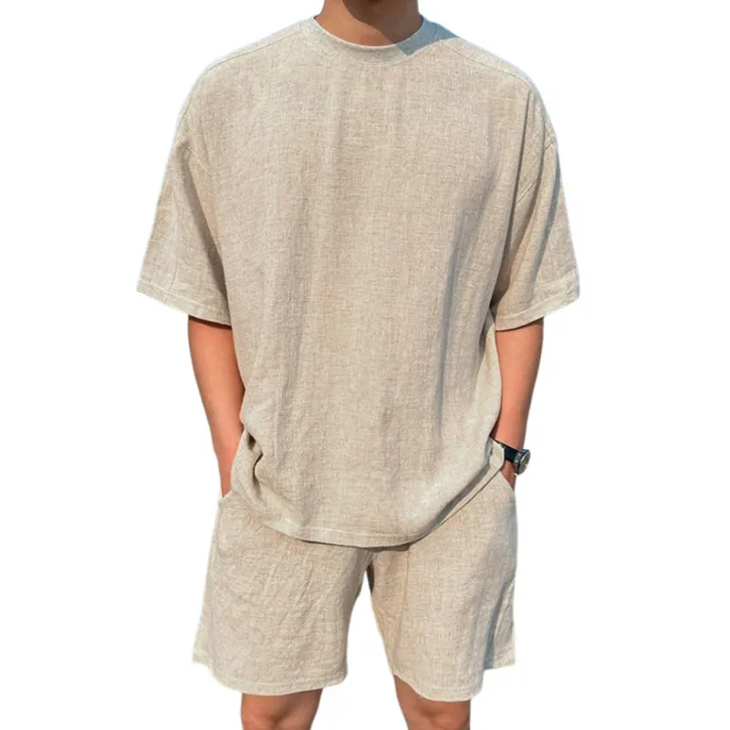 Men's Casual Breathable Linen Round Neck Oversize Short-sleeved T-shirt Elastic Waist Shorts Holiday Set MTA2700E5M sold by Manly