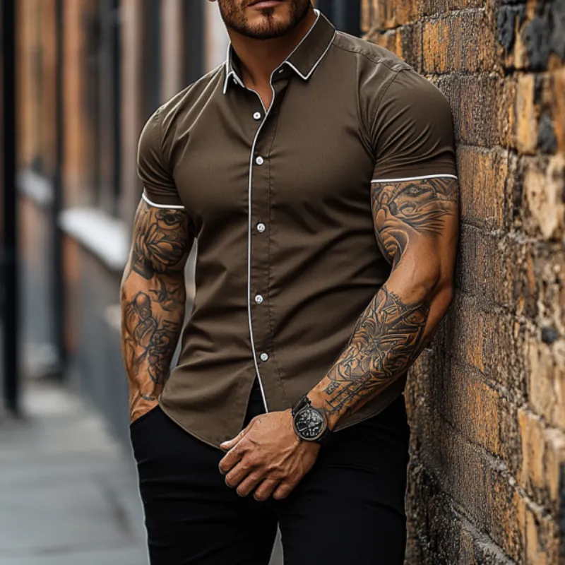 Men's Casual Breathable Cotton Lapel Contrast Color Treim Slim Fit Short Sleeve Shirt MTA2726E9M sold by Manly product image thumbnail 4