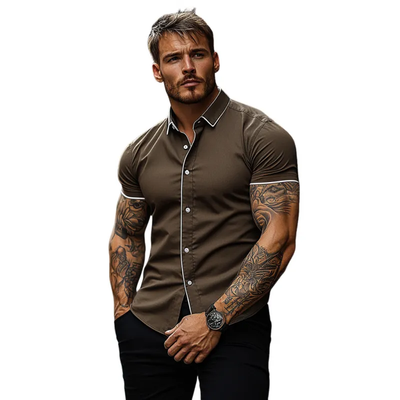 Men's Casual Breathable Cotton Lapel Contrast Color Treim Slim Fit Short Sleeve Shirt MTA2726E9M sold by Manly product image thumbnail 3