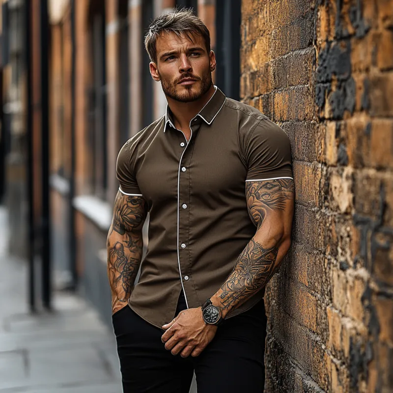 Men's Casual Breathable Cotton Lapel Contrast Color Treim Slim Fit Short Sleeve Shirt MTA2726E9M sold by Manly product image thumbnail 2