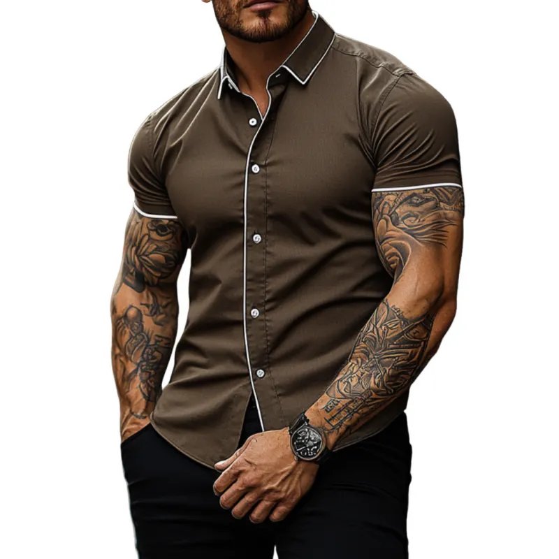 Men's Casual Breathable Cotton Lapel Contrast Color Treim Slim Fit Short Sleeve Shirt MTA2726E9M sold by Manly