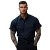 Men's Casual Breathable Cotton Lapel Chest Pocket Loose Short Sleeve Work Shirt MTA2752E8M sold by Manly