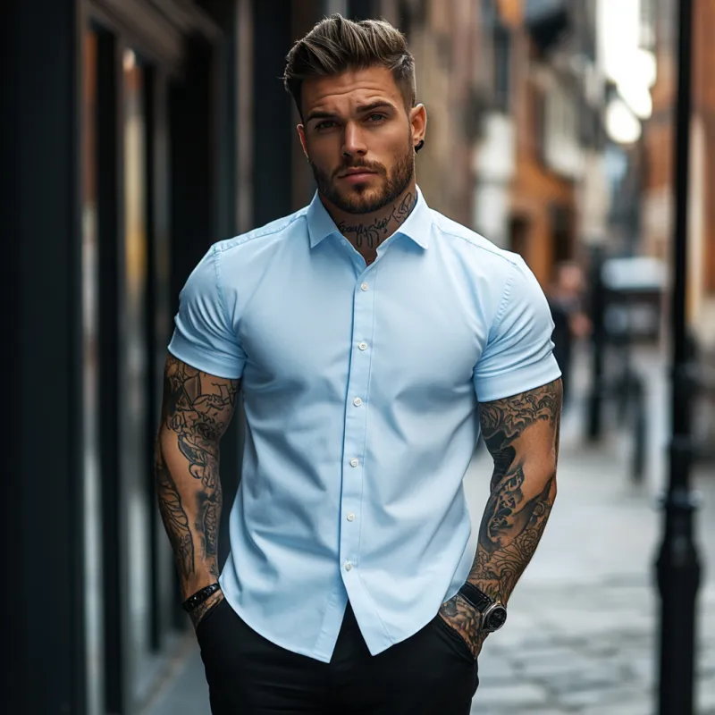 Men's Casual Soft Breathable Cotton Lapel Slim Fit Short Sleeve Shirt MTA2758E1M sold by Manly product image thumbnail 5