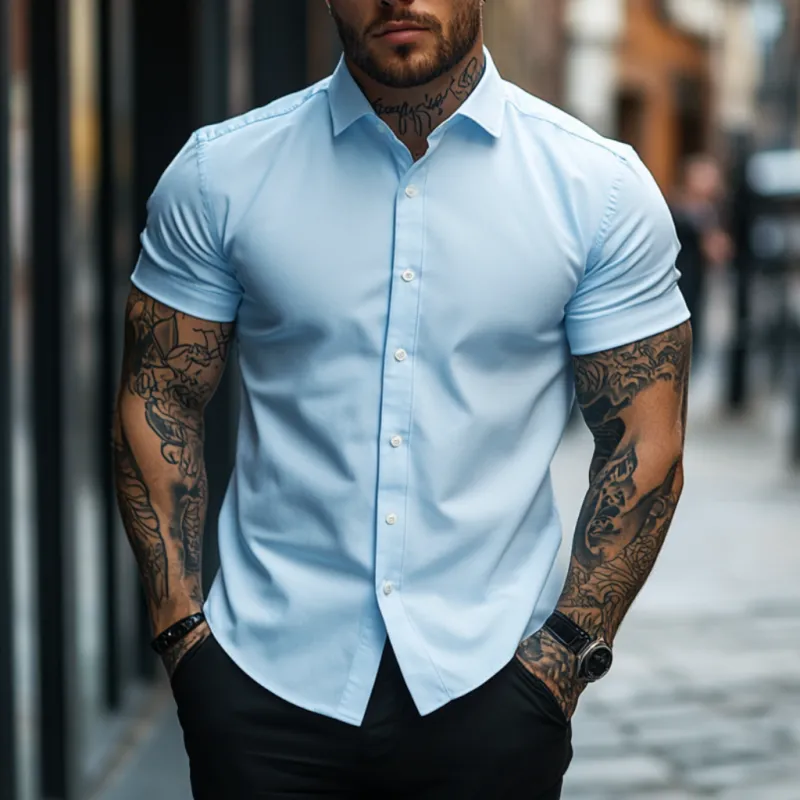 Men's Casual Soft Breathable Cotton Lapel Slim Fit Short Sleeve Shirt MTA2758E1M sold by Manly product image thumbnail 3