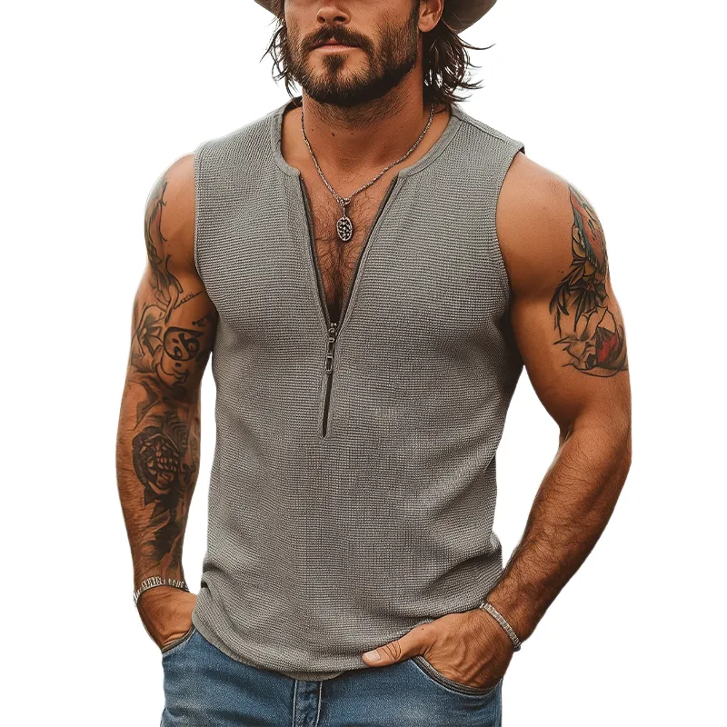 Men's Casual Classic American Western Tough Guy Style Knitted Waffle Deep V-neck Zipper Slim Tank Top MTA2861E7K sold by Manly