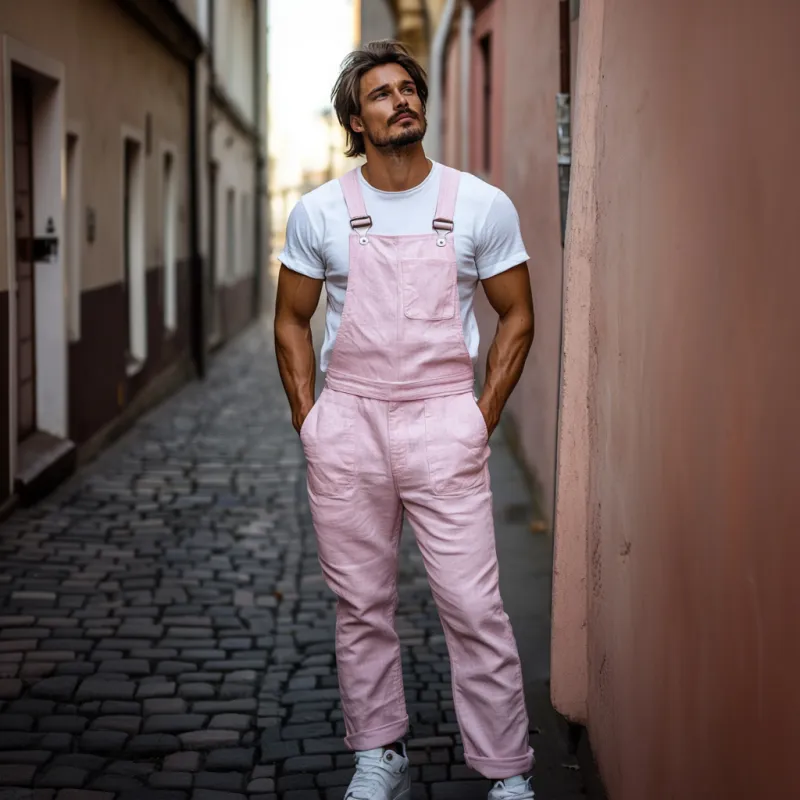 Men's Casual Breathable Linen Solid Color Multi-Pocket Straight Trousers Jumpsuit MTA2716E8M sold by Manly product image thumbnail 4