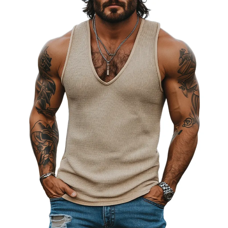 Men's Casual Classic American Western Tough Guy Style Knitted Waffle Deep V-neck Slim Tank Top MTA2841E5K sold by Manly