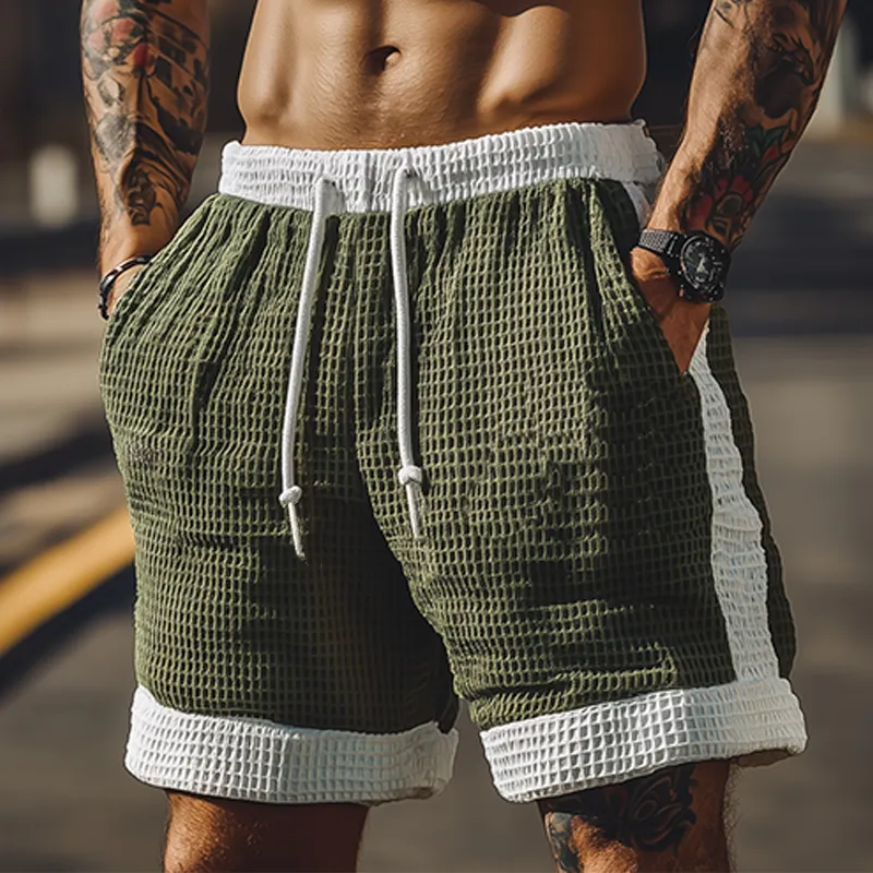 Men's Summer Classic Fashion Casual Tough Guy Style Contrast Color Stitching Waffle Elastic Waist Shorts MTA2867E1K sold by Manly product image thumbnail 2