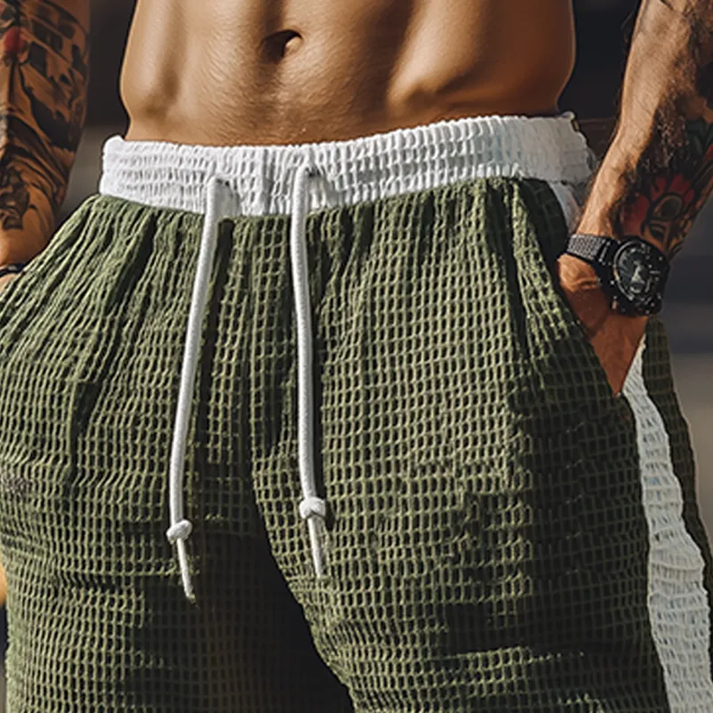 Men's Summer Classic Fashion Casual Tough Guy Style Contrast Color Stitching Waffle Elastic Waist Shorts MTA2867E1K sold by Manly product image thumbnail 3