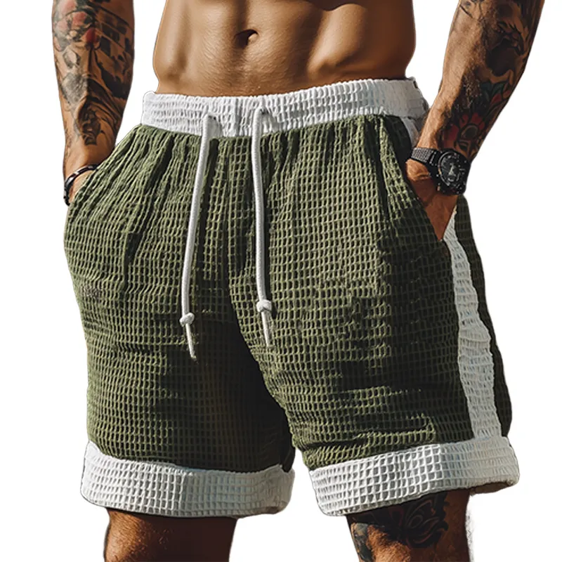Men's Summer Classic Fashion Casual Tough Guy Style Contrast Color Stitching Waffle Elastic Waist Shorts MTA2867E1K sold by Manly