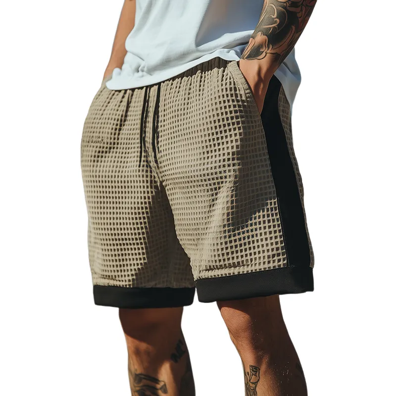 Men's Summer Classic Fashion Casual Tough Guy Style Waffle Stitching Air Layer Fabric Elastic Waist Shorts MTA2895E9K sold by Manly