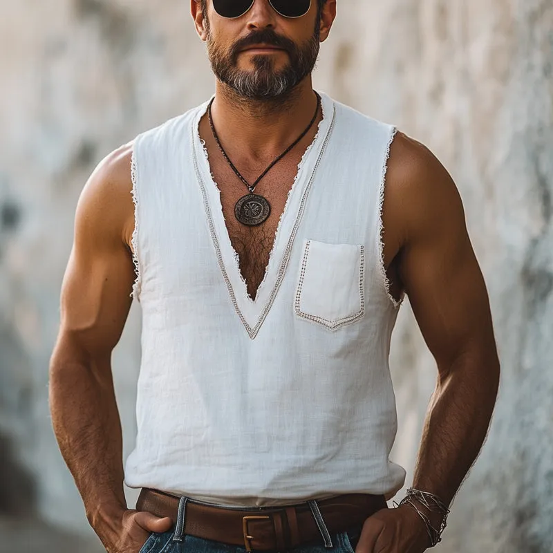 Men's Summer Cool And Comfortable Cotton V-neck Raw Edge Tank Top MTA2879E4U sold by Manly product image thumbnail 2