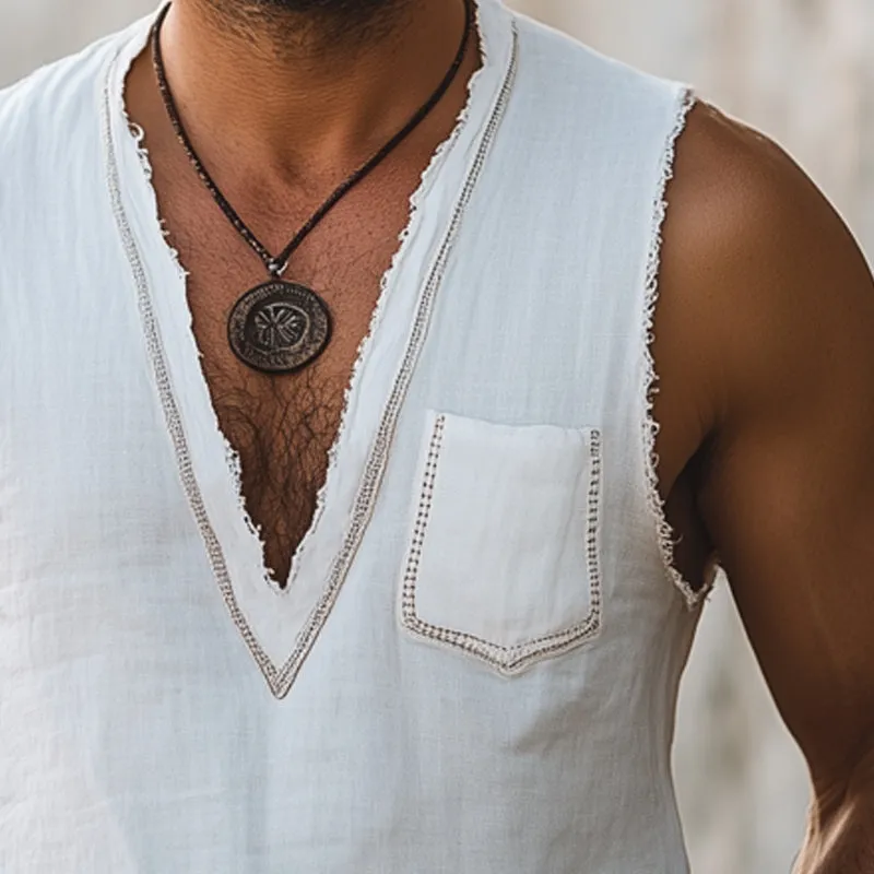 Men's Summer Cool And Comfortable Cotton V-neck Raw Edge Tank Top MTA2879E4U sold by Manly product image thumbnail 3