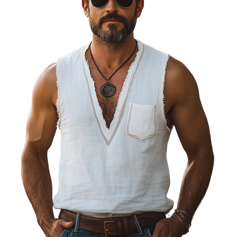 Men's Summer Cool And Comfortable Cotton V-neck Raw Edge Tank Top MTA2879E4U sold by Manly