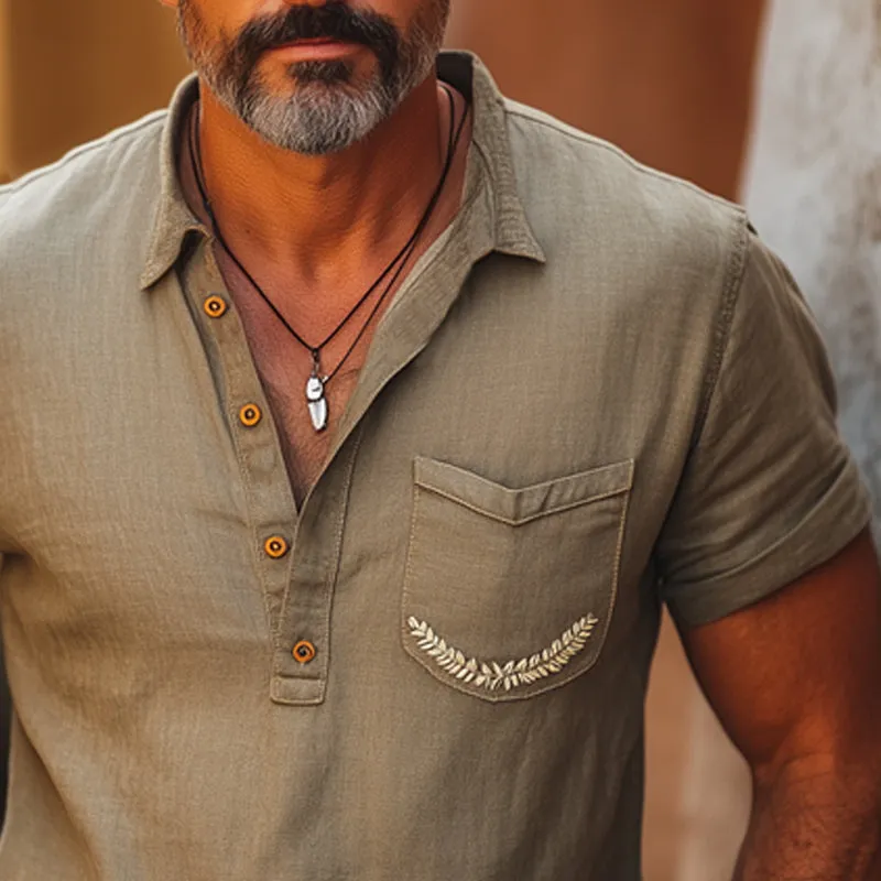 Men's Summer Comfortable Cotton And Linen Embroidered Polo Neck Short Sleeve T-Shirt MTA2892E0U sold by Manly product image thumbnail 4