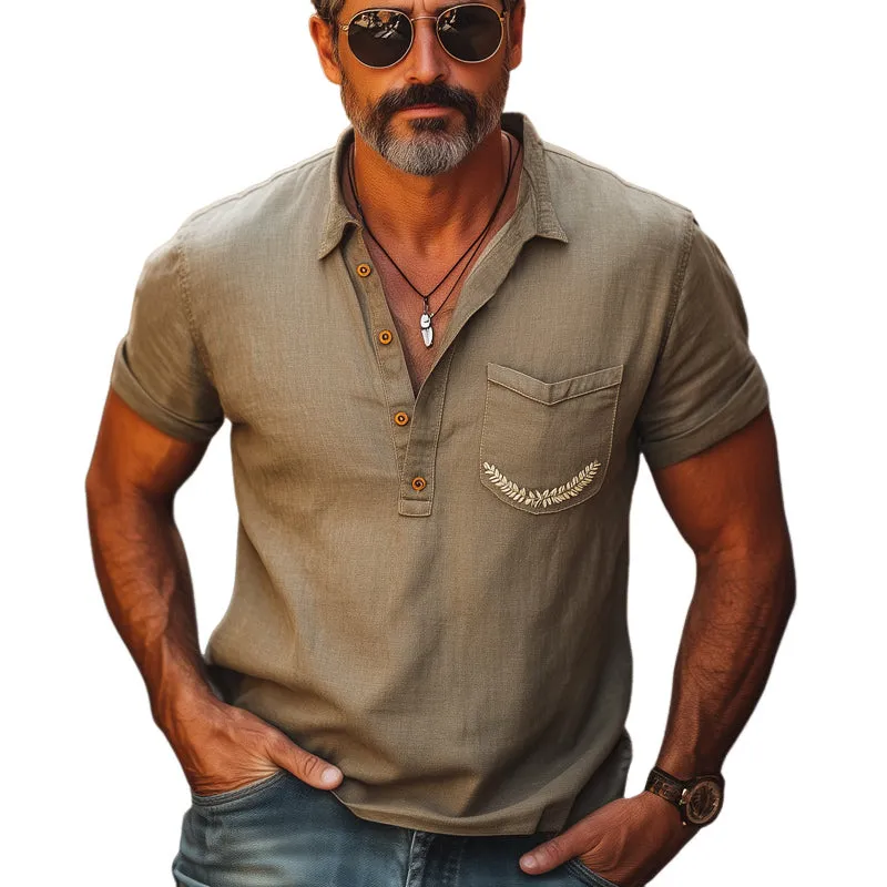 Men's Summer Comfortable Cotton And Linen Embroidered Polo Neck Short Sleeve T-Shirt MTA2892E0U sold by Manly