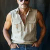 Men's Summer Wheat Ear Embroidery Cotton And Linen Polo Neck Tank Top MTA2867E7U sold by Manly