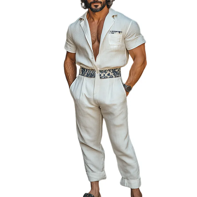 Men's Summer Fashion Casual Cotton And Linen Waist Printed Short Sleeve Shirt Style Trousers Jumpsuit MTA3098E5K sold by Manly