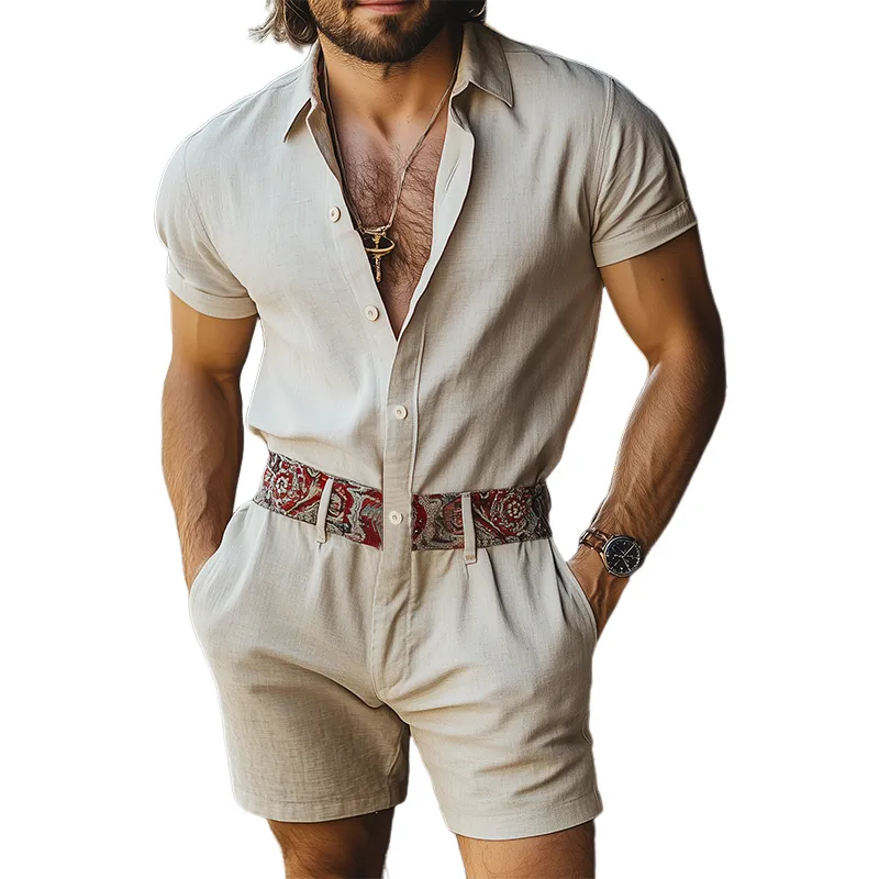 Men's Summer Fashion Casual Cotton And Linen Waist Printed Short-sleeved Shirt-style Slim-fit Jumpsuit MTA3090E2K sold by Manly