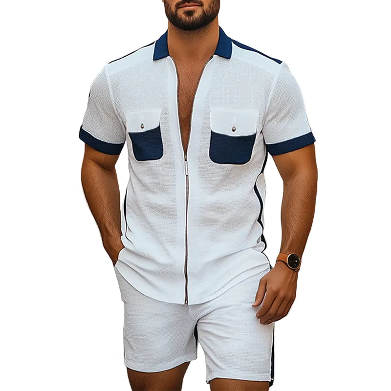 Men's Summer Classic Casual Knitted Waffle Stitching Multi-Pocket Short Sleeve Shirt Elastic Waist Shorts Set MTA3004E0K sold by Manly