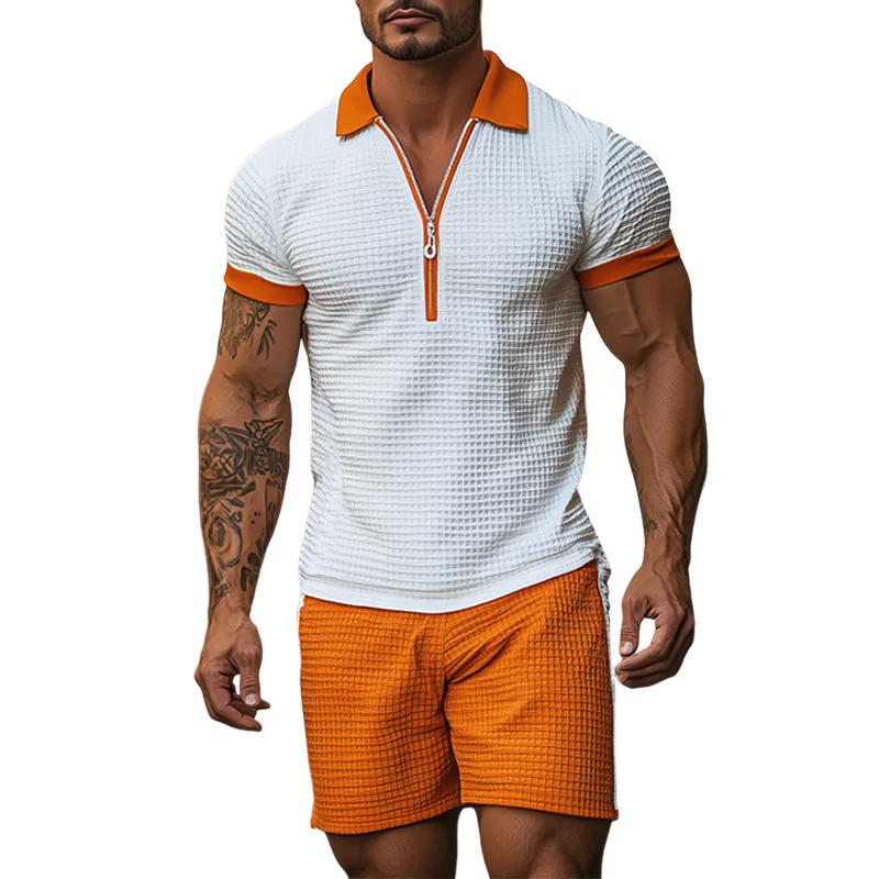 Men's Summer Classic Casual Waffle Stitching Short Sleeve Polo Shirt Elastic Waist Shorts Set MTA3036E3K made by Manly