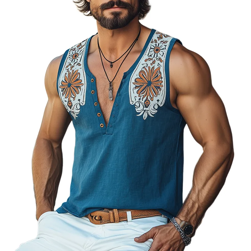Men's Summer Fashion Casual Tough Guy Style Cotton And Linen Print Slim Fit Deep V-neck Tank Top MTA3005E9K sold by Manly