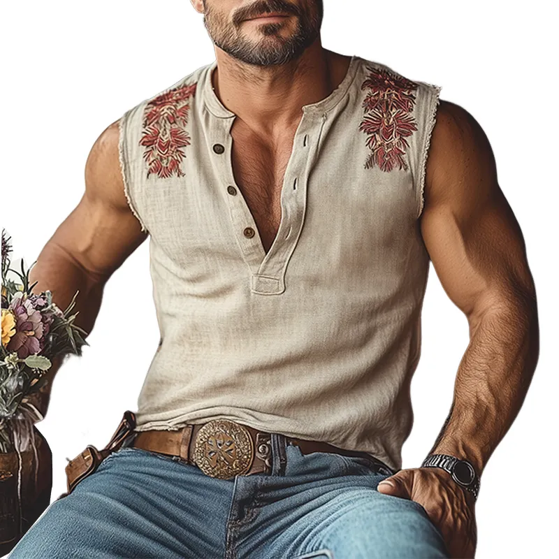 Men's Summer Fashion Casual Tough Henley Collar Cotton And Linen Embroidered Slim Fit Tank Top MTA3025E4K sold by Manly
