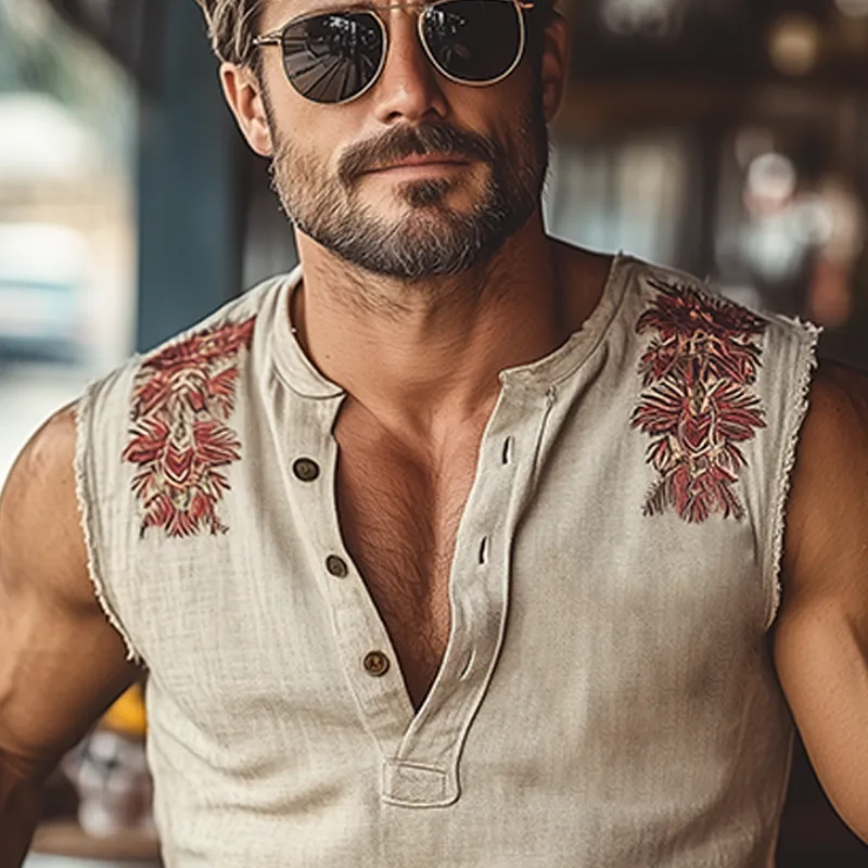 Men's Summer Fashion Casual Tough Henley Collar Cotton And Linen Embroidered Slim Fit Tank Top MTA3025E4K sold by Manly product image thumbnail 4