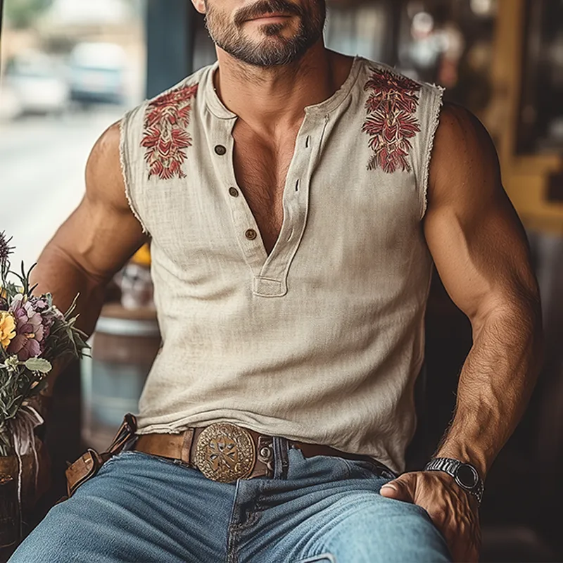 Men's Summer Fashion Casual Tough Henley Collar Cotton And Linen Embroidered Slim Fit Tank Top MTA3025E4K sold by Manly product image thumbnail 2