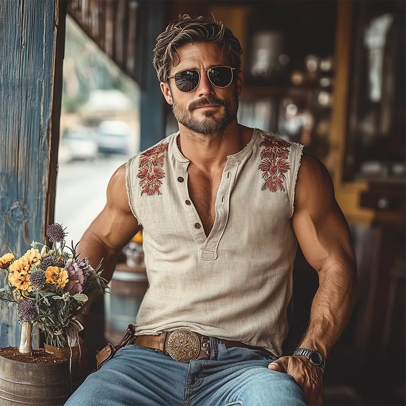 Men's Summer Fashion Casual Tough Henley Collar Cotton And Linen Embroidered Slim Fit Tank Top MTA3025E4K sold by Manly product image thumbnail 3