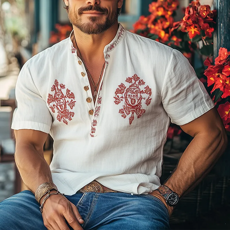 Men's Summer Fashion Casual Henley Collar Cotton And Linen Printed Short Sleeve T-Shirt MTA3018E9K sold by Manly product image thumbnail 2