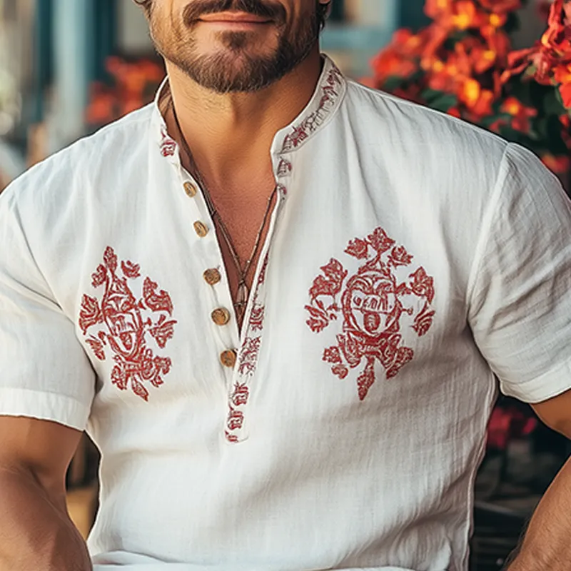 Men's Summer Fashion Casual Henley Collar Cotton And Linen Printed Short Sleeve T-Shirt MTA3018E9K sold by Manly product image thumbnail 4