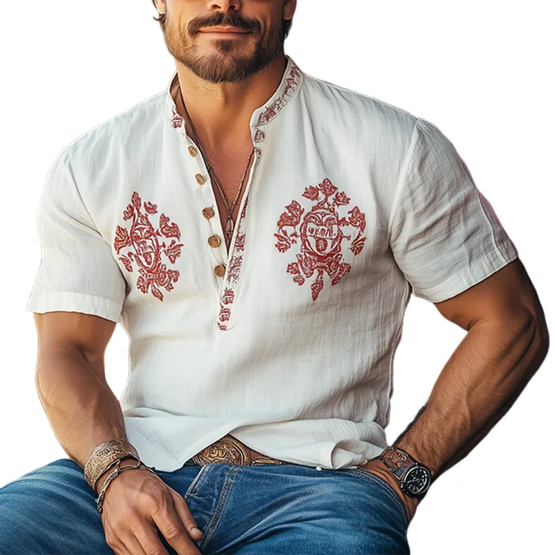 Men's Summer Fashion Casual Henley Collar Cotton And Linen Printed Short Sleeve T-Shirt MTA3018E9K sold by Manly