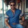 Men's Summer Classic Casual Tough Guy Henley Collar Cotton And Linen Print Slim Fit Decorative Pocket Short Sleeve T-shirt MTA3013E7K sold by Manly