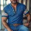 Men's Summer Classic Casual Tough Guy Henley Collar Cotton And Linen Print Slim Fit Decorative Pocket Short Sleeve T-shirt MTA3013E7K sold by Manly