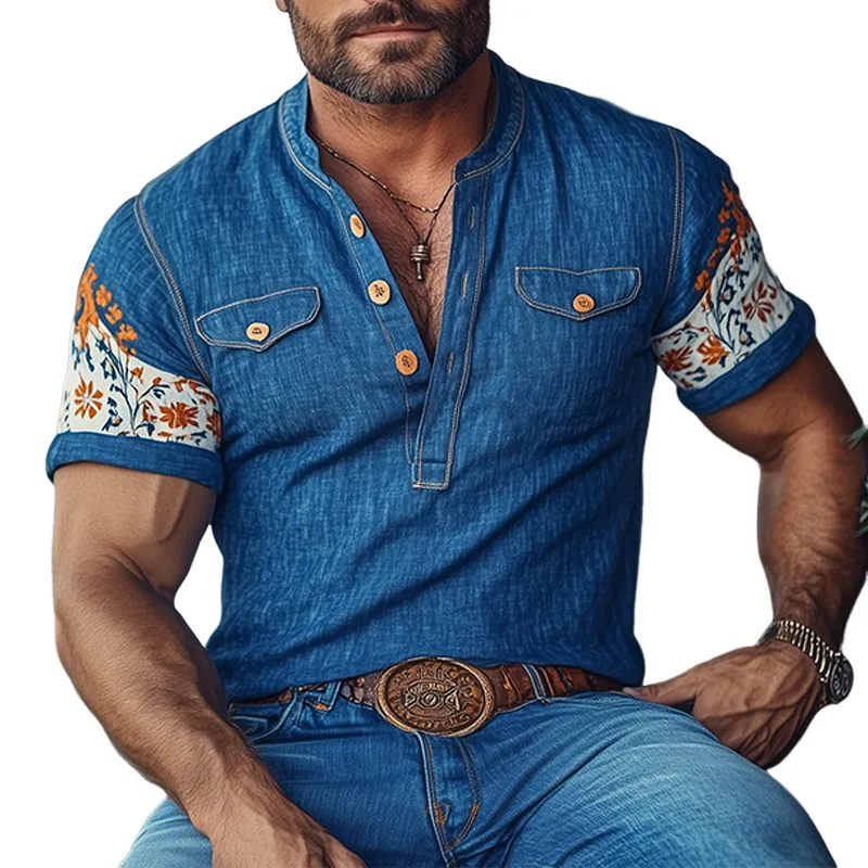 Men's Summer Classic Casual Tough Guy Henley Collar Cotton And Linen Print Slim Fit Decorative Pocket Short Sleeve T-shirt MTA3013E7K sold by Manly