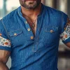 Men's Summer Classic Casual Tough Guy Henley Collar Cotton And Linen Print Slim Fit Decorative Pocket Short Sleeve T-shirt MTA3013E7K sold by Manly