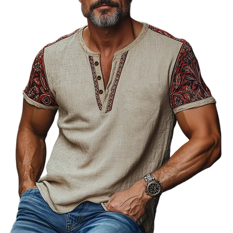 Men's Summer Fashion Casual Tough Guy Henley Collar Embroidered Sleeves Printed Cotton And Linen Short-sleeved T-shirt MTA3017E6K sold by Manly