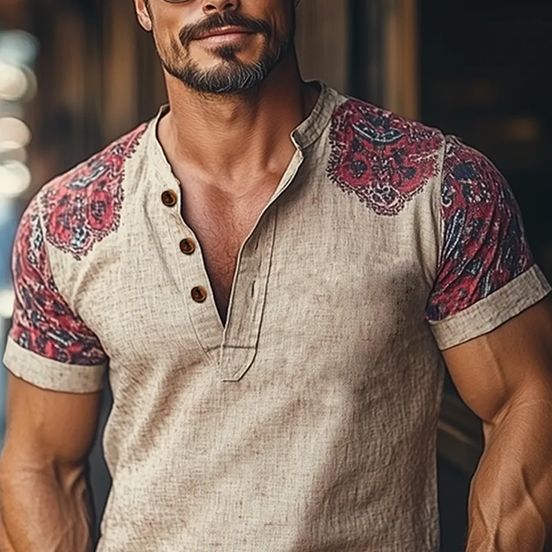 Men's Summer Fashion Casual Tough Guy Henley Collar Cotton And Linen Printed Short-sleeved T-shirt MTA3022E8K sold by Manly product image thumbnail 4