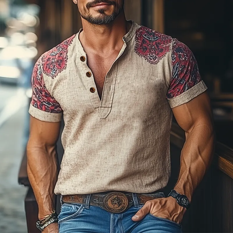 Men's Summer Fashion Casual Tough Guy Henley Collar Cotton And Linen Printed Short-sleeved T-shirt MTA3022E8K sold by Manly product image thumbnail 2