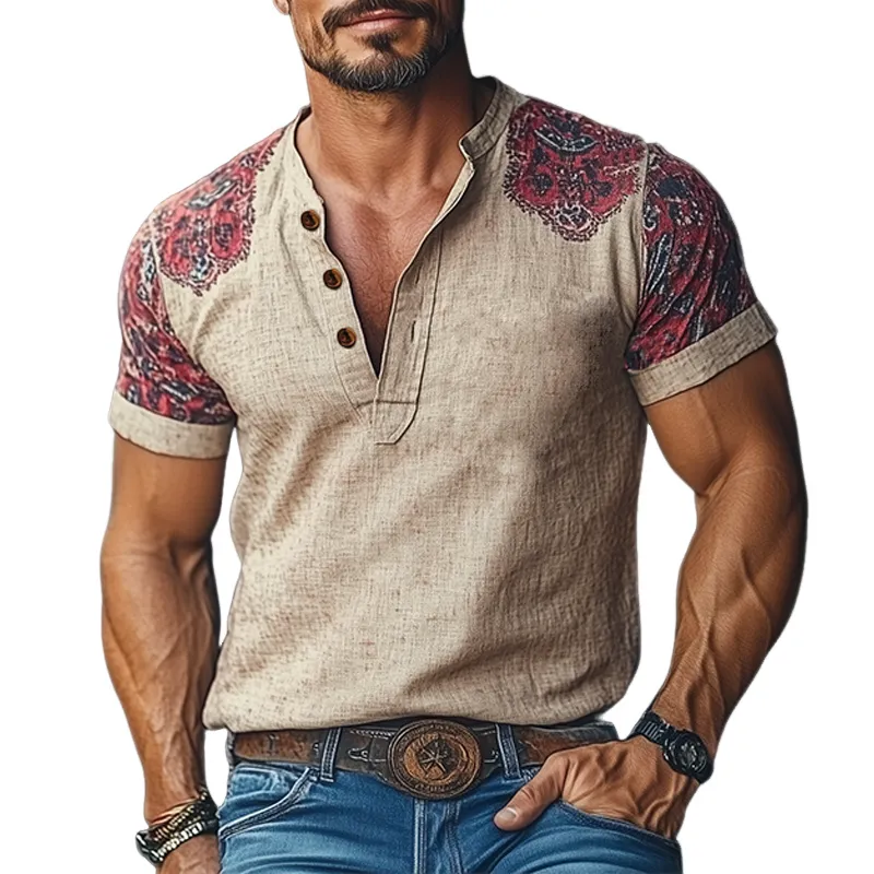 Men's Summer Fashion Casual Tough Guy Henley Collar Cotton And Linen Printed Short-sleeved T-shirt MTA3022E8K sold by Manly