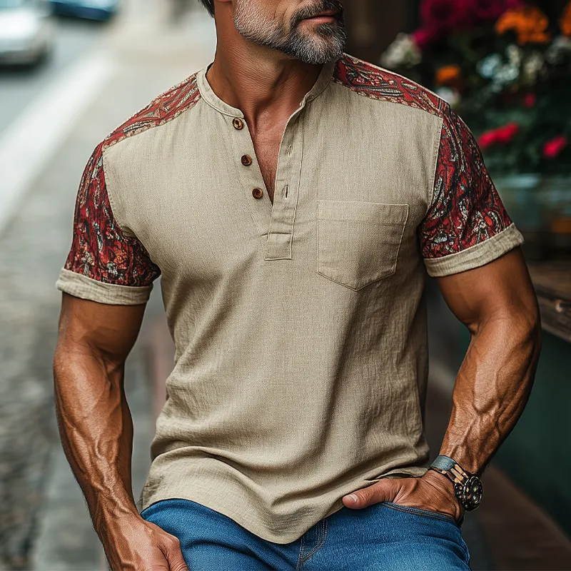 Men's Summer Classic Casual Tough Guy Henley Collar Cotton And Linen Print Slim Fit Short-sleeved T-shirt MTA3010E0K sold by Manly product image thumbnail 2