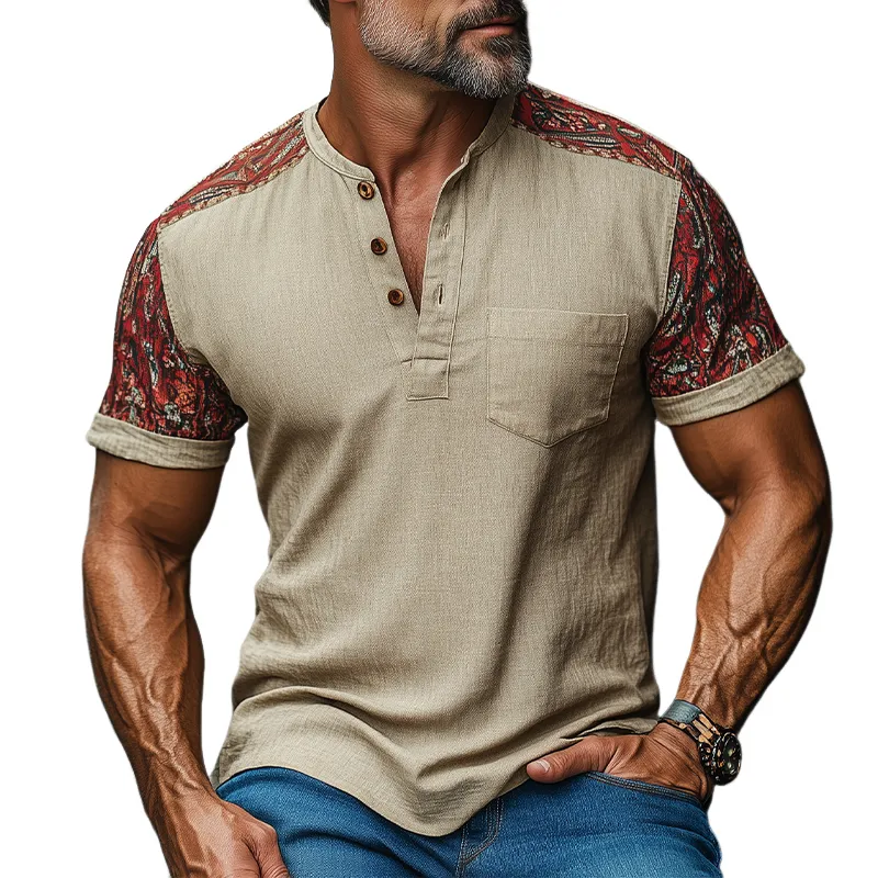 Men's Summer Classic Casual Tough Guy Henley Collar Cotton And Linen Print Slim Fit Short-sleeved T-shirt MTA3010E0K sold by Manly