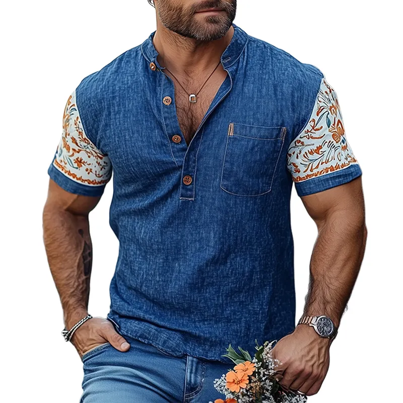 Men's Summer Fashion Casual Tough Guy Henley Collar Cotton And Linen Print Slim Fit Short-sleeved T-shirt MTA3049E7K sold by Manly