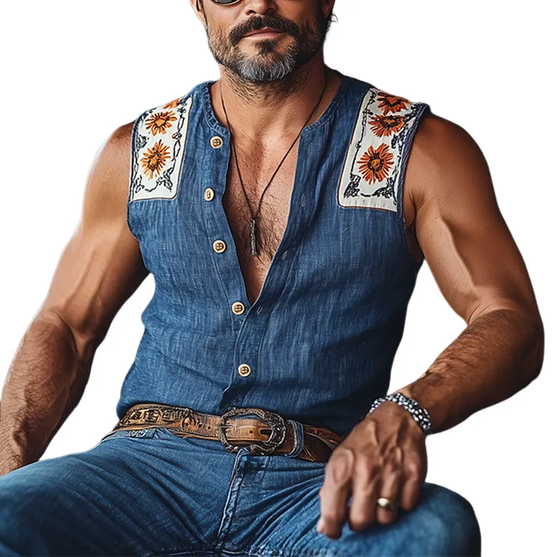 Men's Summer Fashion Casual Tough Guy Style Cotton And Linen Patch Print Slim Sleeveless Shirt MTA3083E2K sold by Manly