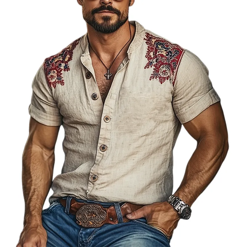 Men's Summer Fashion Casual Tough Guy Style Cotton And Linen Print Slim Fit Short Sleeve Shirt MTA3040E5K sold by Manly