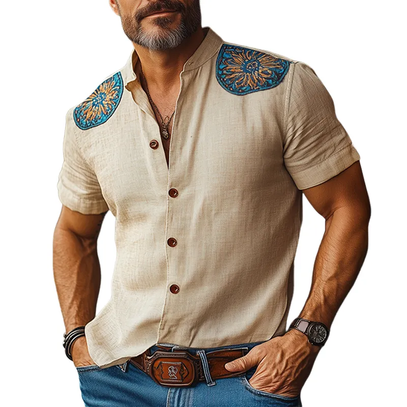 Men's Summer Fashion Casual Tough Guy Style Cotton And Linen Stand-up Collar Patch Embroidery Slim Short-sleeved Shirt  MTA3011E4K sold by Manly
